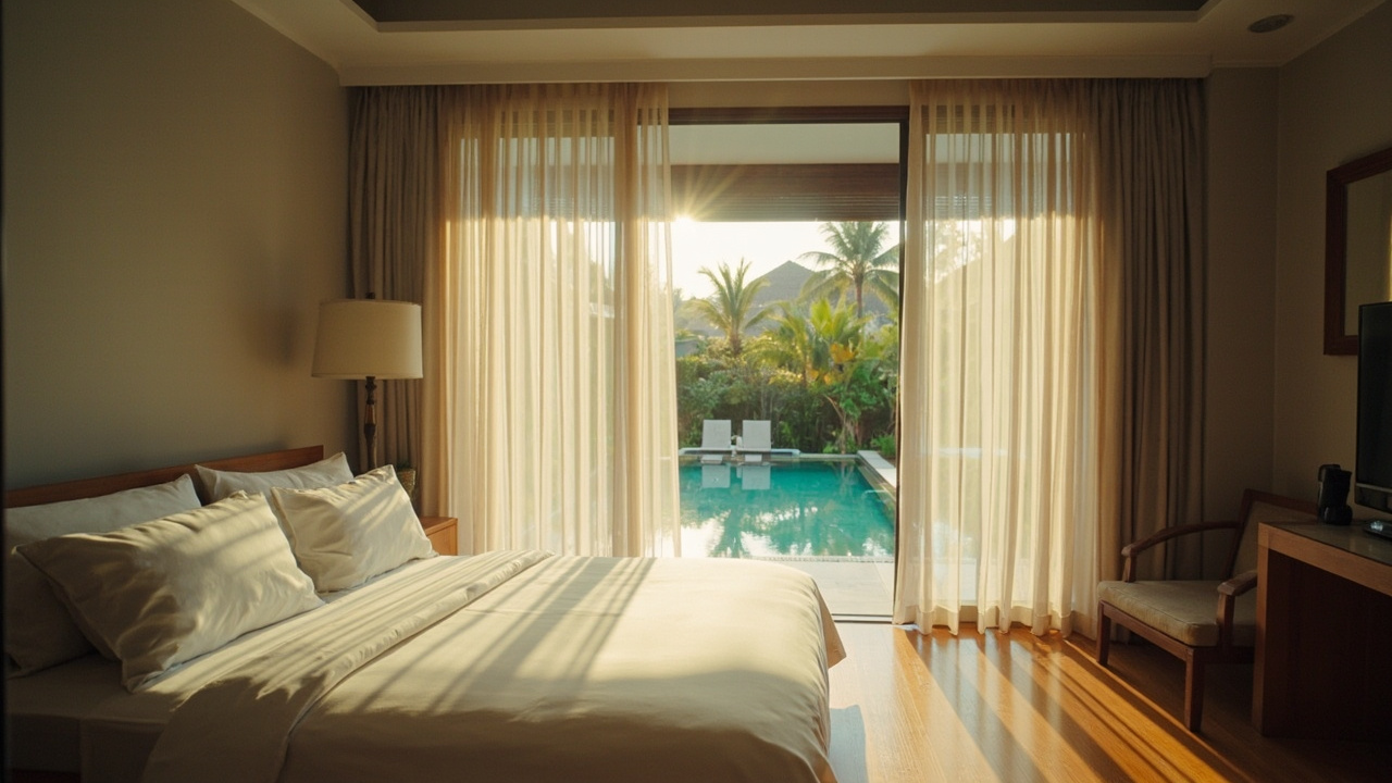 Master Bedroom With Pool View. Generated Hua Hin Property Guide visual context for property guide pages, buyer Q&A, assistant image replies and public image search. It is not a live property listing or agency photo. Topics: pool villas, private pool, villa maintenance, outdoor living, tropical lifestyle, interiors, kitchens, bathrooms, bedrooms, open-plan living, home office, Pool Villa Lifestyle, Hua Hin Property Guide