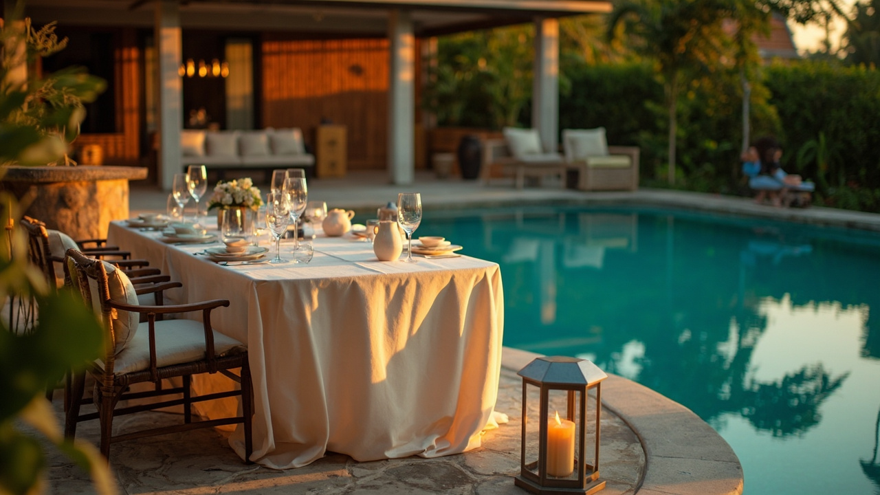 Outdoor Dining By The Pool. Generated Hua Hin Property Guide visual context for property guide pages, buyer Q&A, assistant image replies and public image search. It is not a live property listing or agency photo. Topics: pool villas, private pool, villa maintenance, outdoor living, tropical lifestyle, interiors, kitchens, bathrooms, bedrooms, open-plan living, home office, Pool Villa Lifestyle, Hua Hin Property Guide