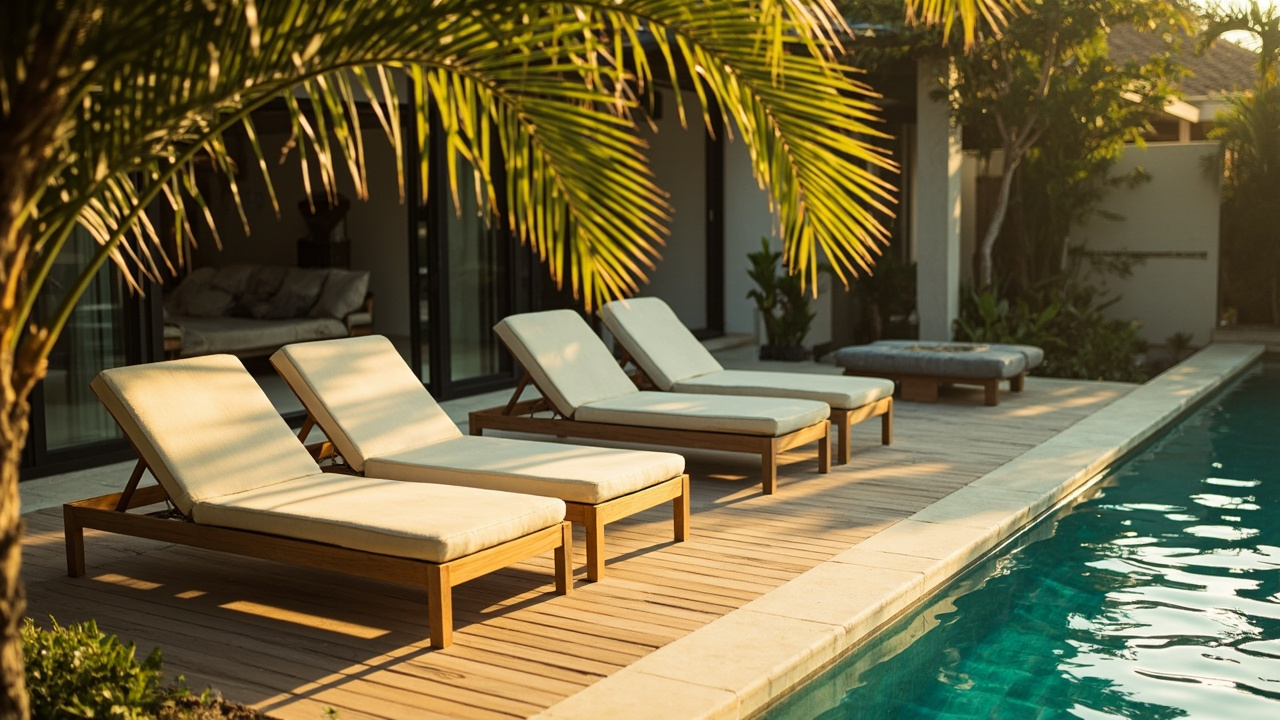 Poolside Sun Loungers. Generated Hua Hin Property Guide visual context for property guide pages, buyer Q&A, assistant image replies and public image search. It is not a live property listing or agency photo. Topics: pool villas, private pool, villa maintenance, outdoor living, tropical lifestyle, Pool Villa Lifestyle, Hua Hin Property Guide