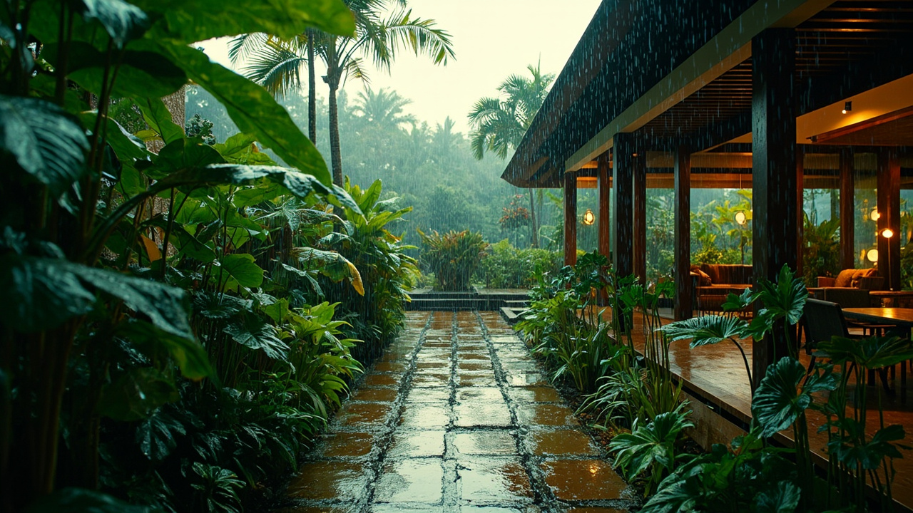 Rainy Season Property Scene. Generated Hua Hin Property Guide visual context for property guide pages, buyer Q&A, assistant image replies and public image search. It is not a live property listing or agency photo. Topics: beach proximity, near-beach property, sea views, coastal lifestyle, Hua Hin beach, property inspections, drainage, maintenance, renovation checks, condition review, Beach Lifestyle, Hua Hin Property Guide