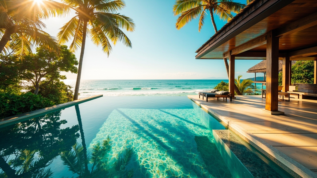 Generated editorial image for Thailife Beach House Context: a contextual premium private beach-house lifestyle scene north of Khao Lak with pool, palms and direct coastal ambience, not an exact property replica. This is contextual imagery, not a photograph of a specific listing or ThaiLife property.