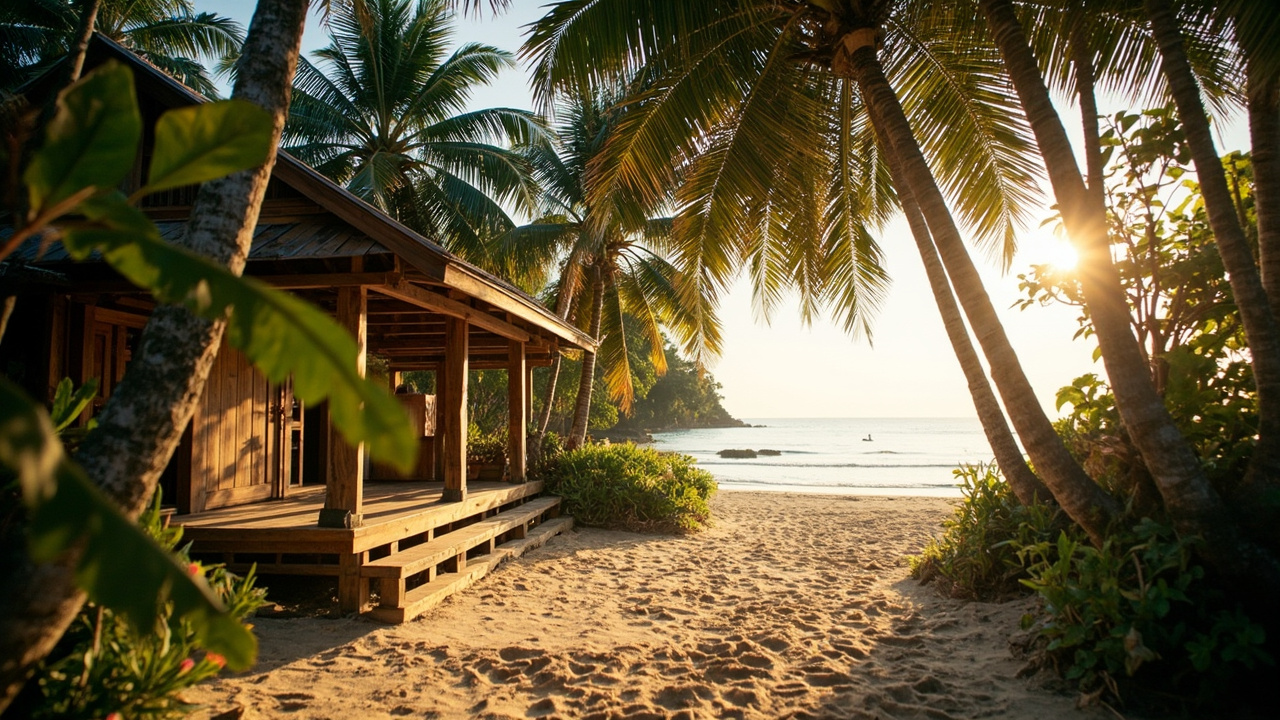 Generated editorial image for Baan Nam Khem Beach Living: an authentic northern Khao Lak coastal-home scene with local community character, palms and a peaceful beach nearby. This is contextual imagery, not a photograph of a specific listing or ThaiLife property.