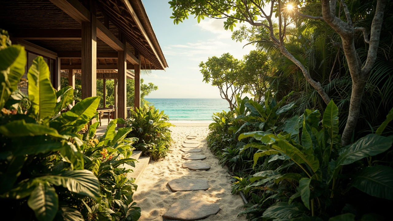 Generated editorial image for Private Beach Access: a secluded tropical residence with a natural path from the garden directly toward a quiet beach. This is contextual imagery, not a photograph of a specific listing or ThaiLife property.