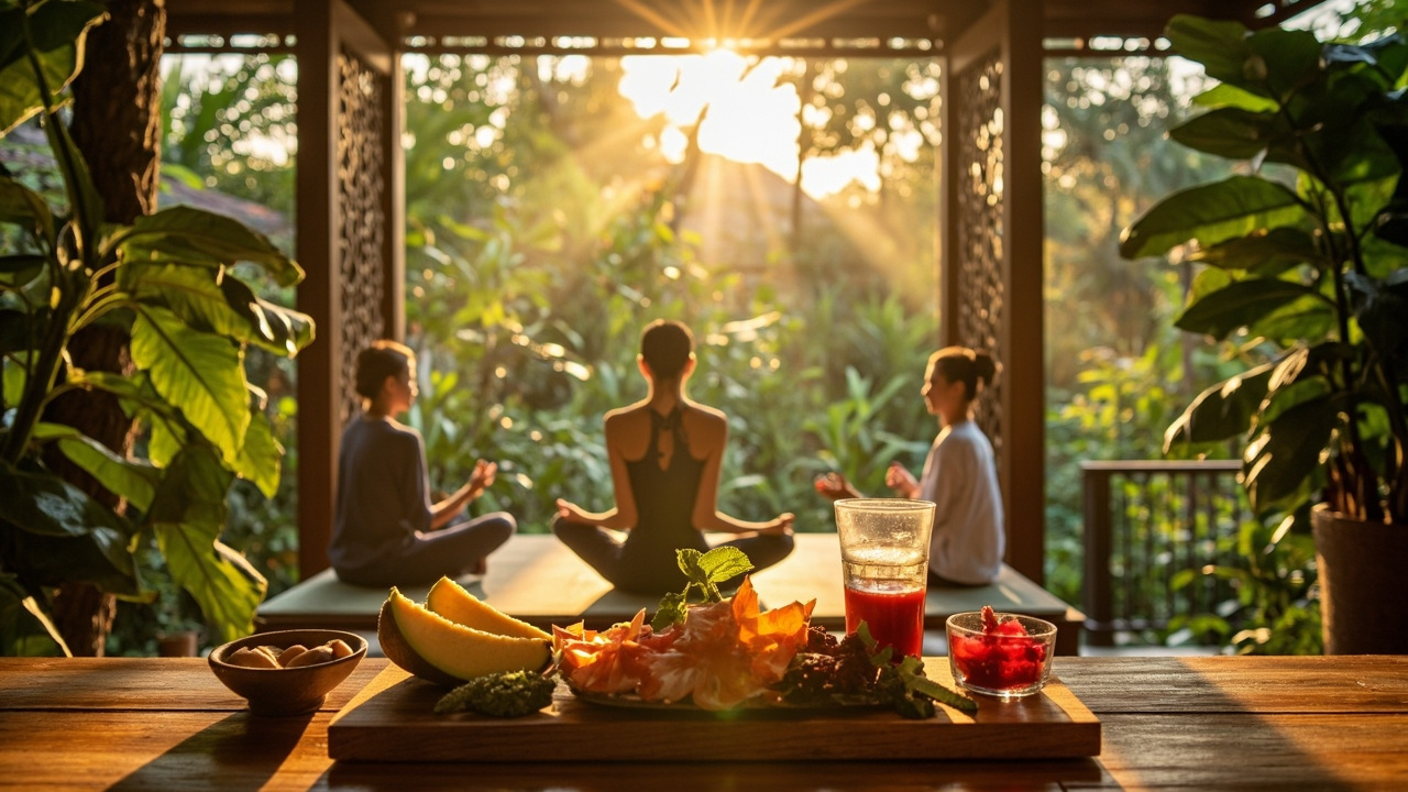 Generated editorial image for Wellness-Retreat Living: residents enjoying yoga, healthy breakfast and calm garden spaces at a tropical retreat property. This is contextual imagery, not a photograph of a specific listing or ThaiLife property.