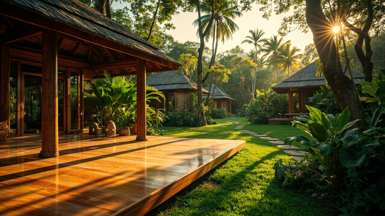 Generated editorial image for Yoga-Retreat Property: a tropical property designed around a yoga deck, guest accommodation and lush peaceful grounds. This is contextual imagery, not a photograph of a specific listing or ThaiLife property.