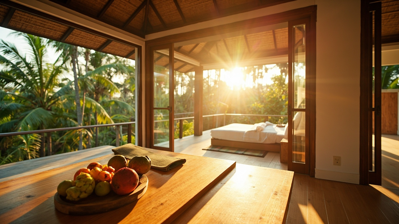 Generated editorial image for Healthy-Living Homes: a bright Khao Lak home supporting fresh food, exercise, outdoor living and restorative sleep. This is contextual imagery, not a photograph of a specific listing or ThaiLife property.