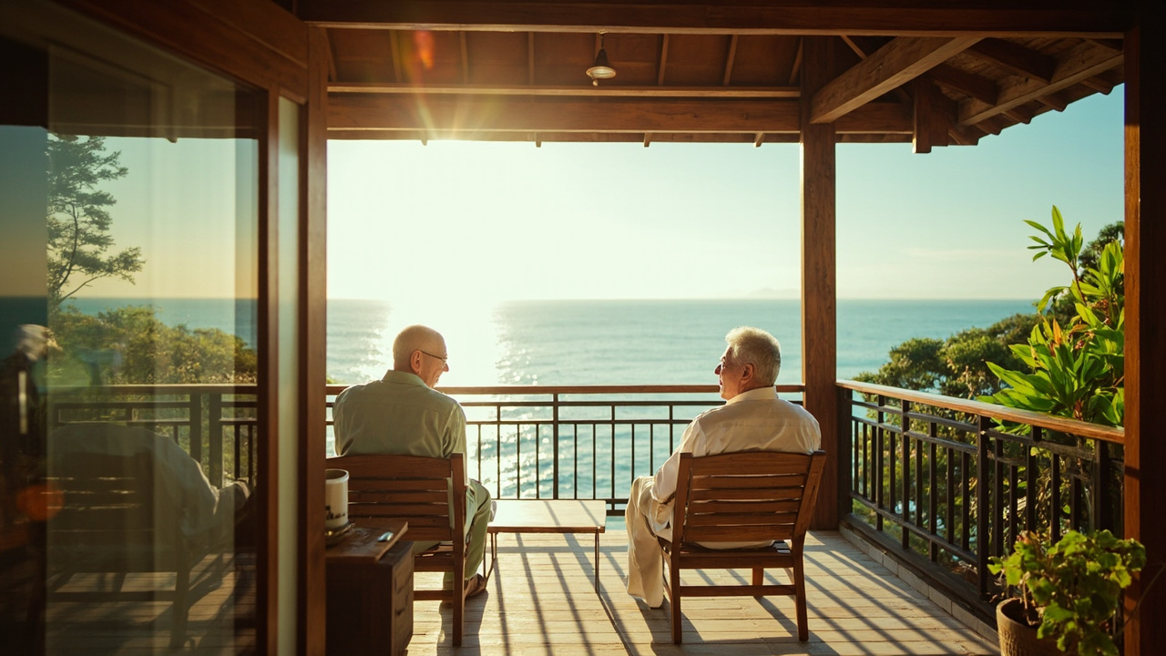 Generated editorial image for Retirement By The Sea: a relaxed older couple on a shaded home terrace with distant sea view and easy coastal living. This is contextual imagery, not a photograph of a specific listing or ThaiLife property.