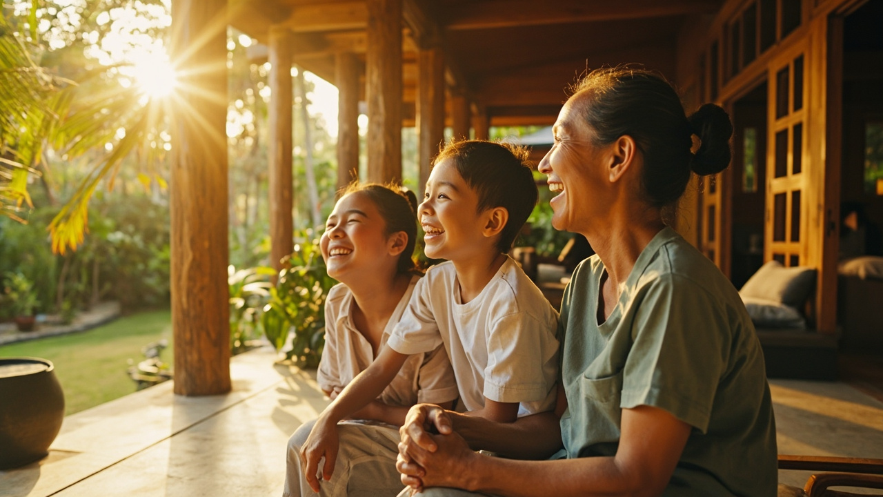 Generated editorial image for Multi-Generational Wellness: grandparents, parents and children sharing healthy outdoor time at a spacious tropical home. This is contextual imagery, not a photograph of a specific listing or ThaiLife property.