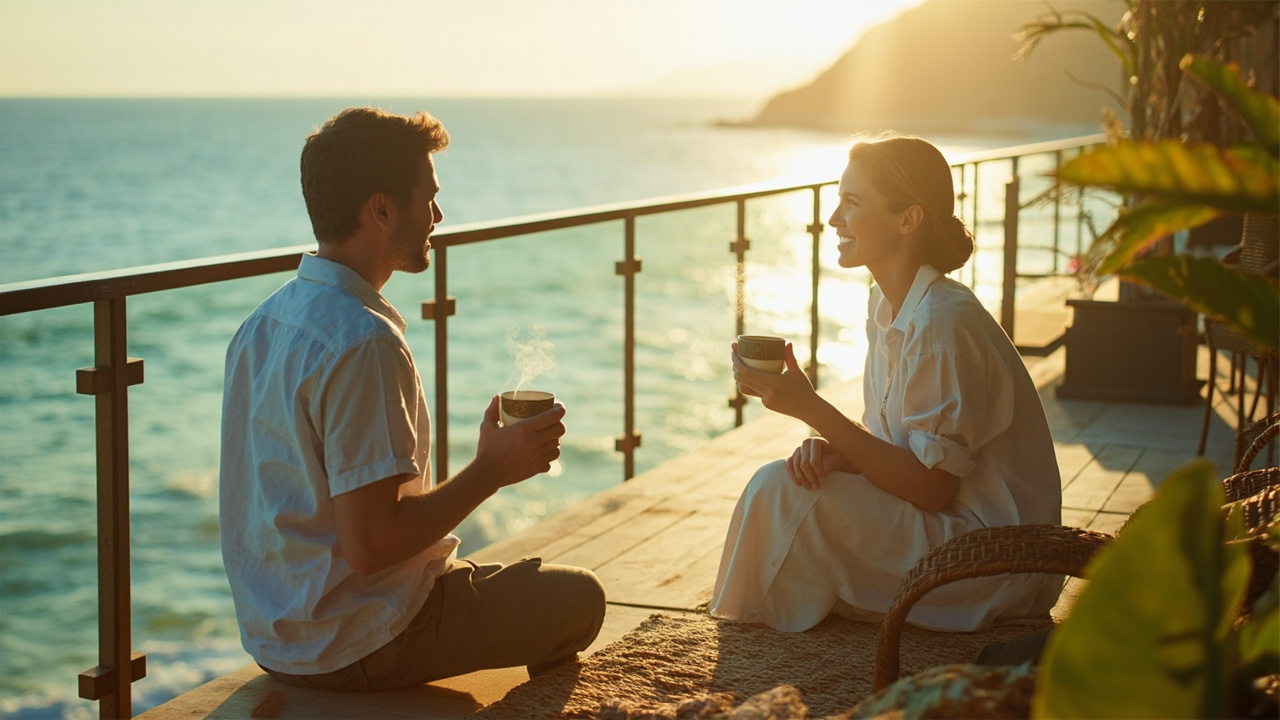 Generated editorial image for Beach-House Ownership: owners enjoying coffee on a private beach-house terrace with sea breeze and practical luxury. This is contextual imagery, not a photograph of a specific listing or ThaiLife property.