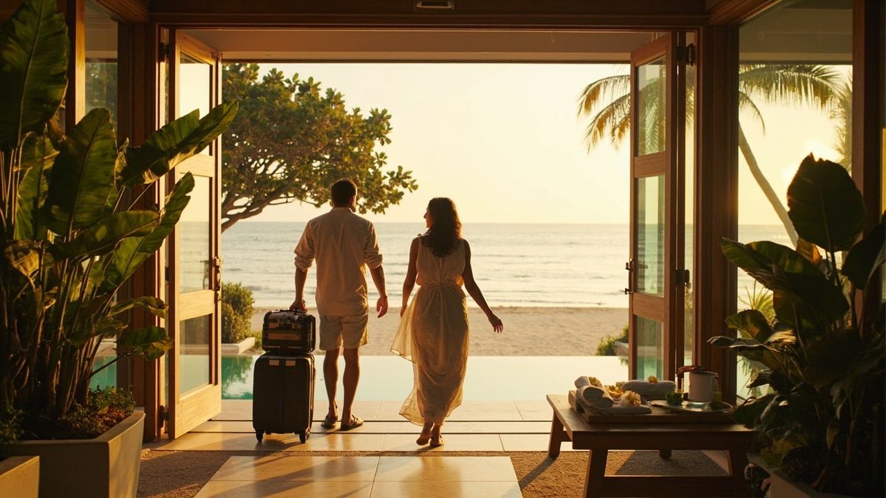 Generated editorial image for Beach-House Rentals: guests arriving at an elegant coastal home with luggage, welcome touches and holiday excitement. This is contextual imagery, not a photograph of a specific listing or ThaiLife property.
