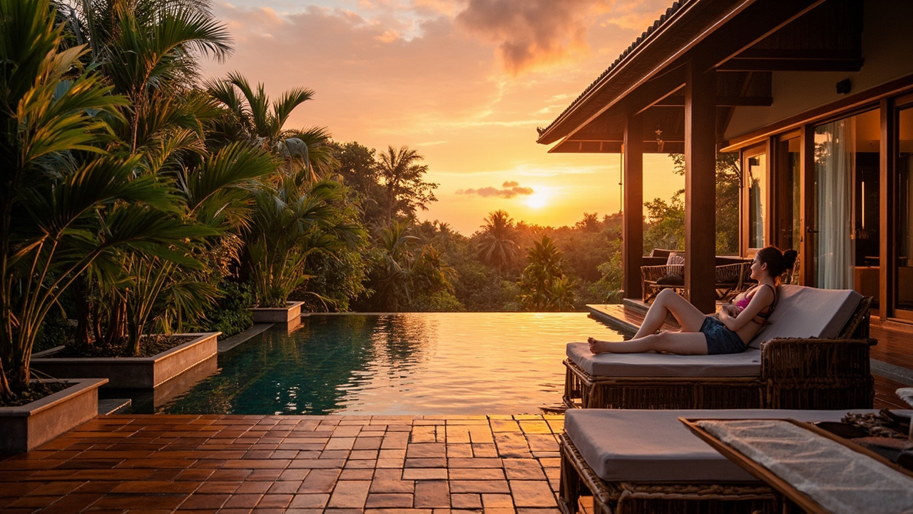 Generated editorial image for Couples Retreats: a private villa scene for two with sunset terrace, calm pool and intimate tropical ambience. This is contextual imagery, not a photograph of a specific listing or ThaiLife property.