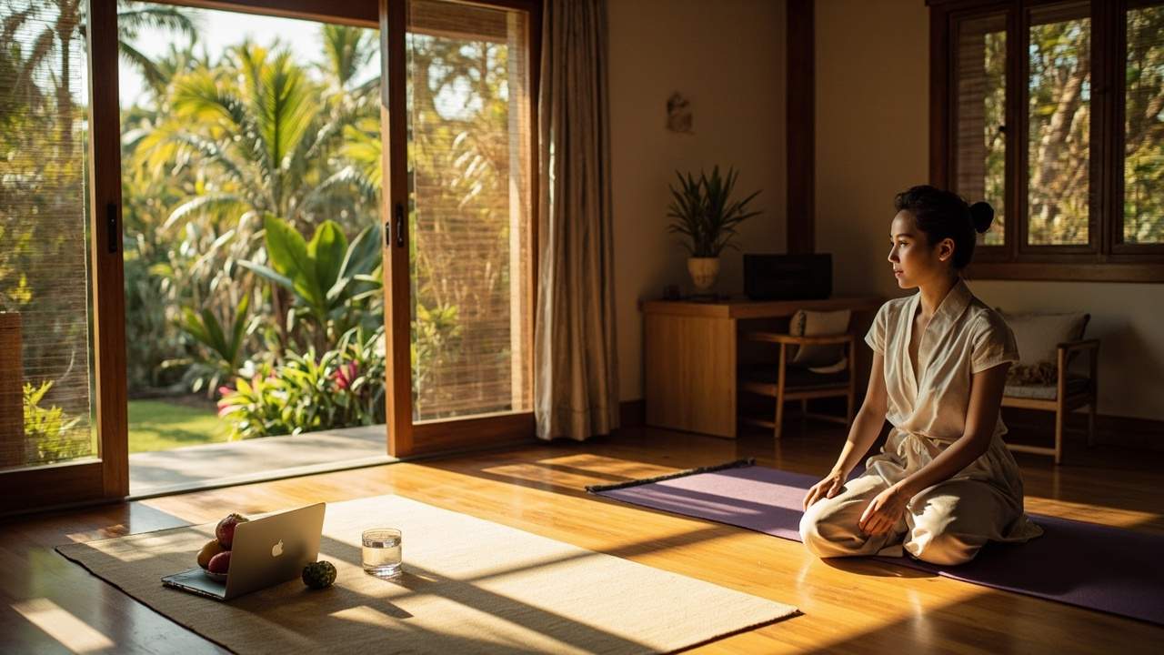 Generated editorial image for Long-Stay Wellness Escapes: a guest living comfortably for several weeks with yoga, work space and healthy daily routines. This is contextual imagery, not a photograph of a specific listing or ThaiLife property.