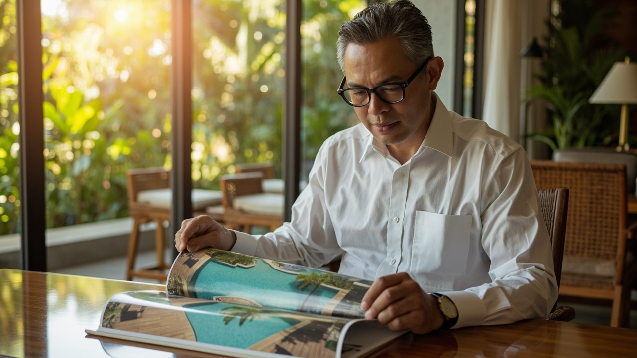 Generated editorial image for Villa-Rental Businesses: an owner reviewing a portfolio of attractive pool villas prepared for holiday guests. This is contextual imagery, not a photograph of a specific listing or ThaiLife property.