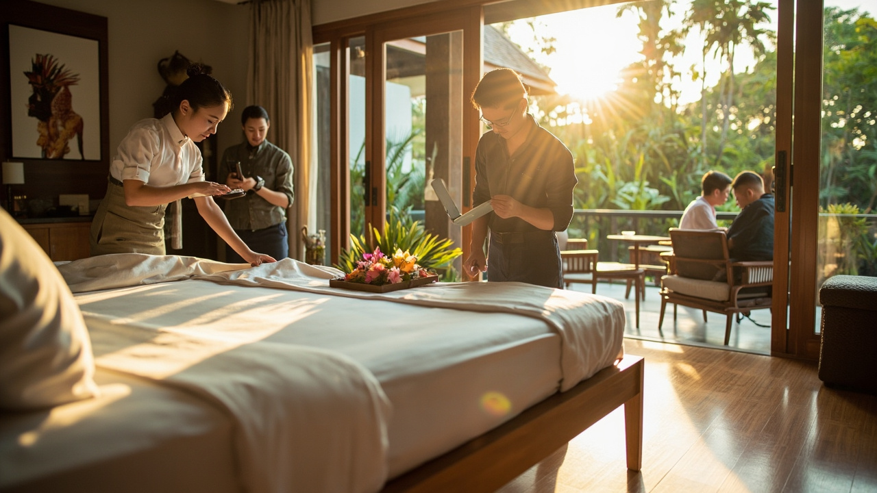 Generated editorial image for Holiday-Rental Management: a coordinated team handling cleaning, linen, guest messages and villa presentation. This is contextual imagery, not a photograph of a specific listing or ThaiLife property.