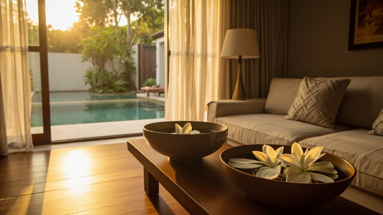 Generated editorial image for Seasonal Rentals: a villa changing from owner use to guest-ready condition for the high season. This is contextual imagery, not a photograph of a specific listing or ThaiLife property.