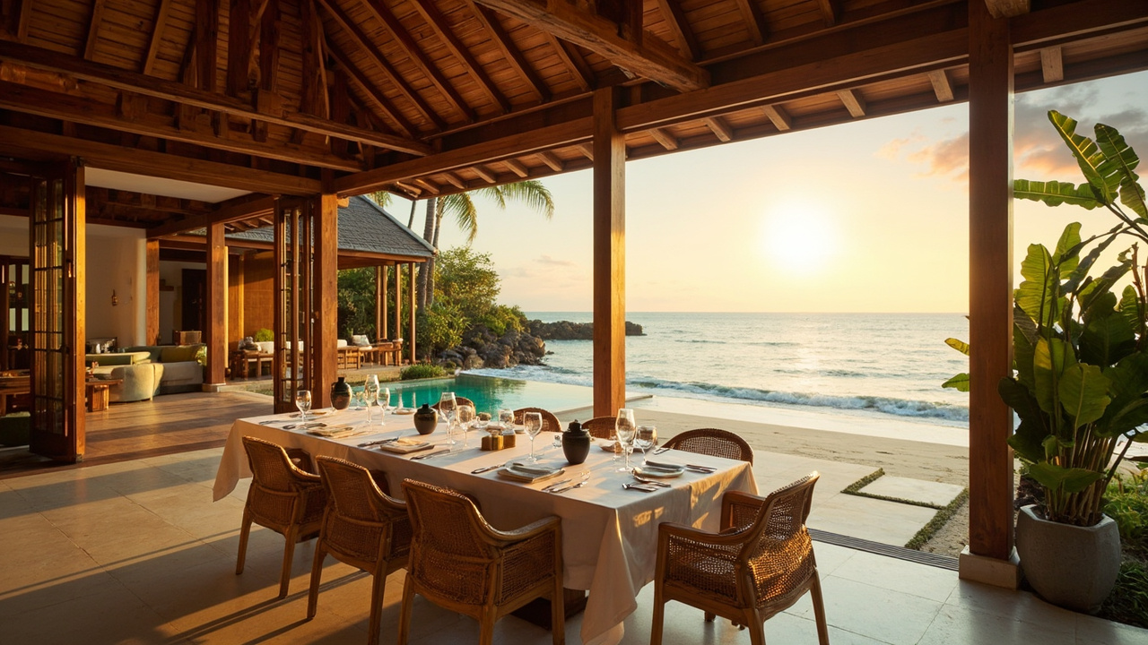 Generated editorial image for Beachfront Rental Villas: a premium guest-ready villa with direct coastal view, shaded dining and resort-quality presentation. This is contextual imagery, not a photograph of a specific listing or ThaiLife property.
