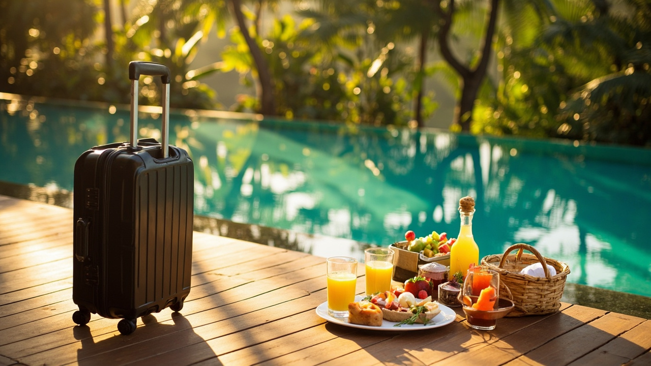 Generated editorial image for Pool-Villa Rentals: travellers enjoying a private pool villa with luggage, breakfast and relaxed Khao Lak holiday mood. This is contextual imagery, not a photograph of a specific listing or ThaiLife property.