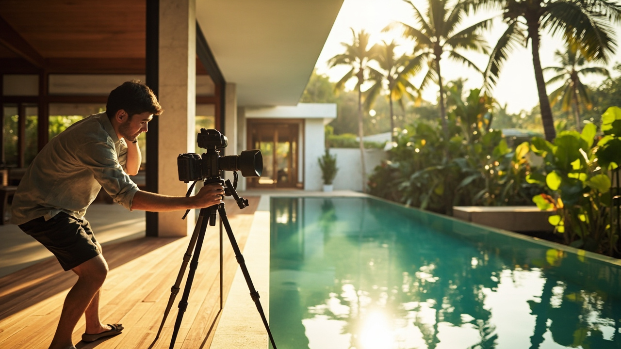 Generated editorial image for Property Photography: a professional photographer capturing a bright tropical villa at the best angle and natural light. This is contextual imagery, not a photograph of a specific listing or ThaiLife property.