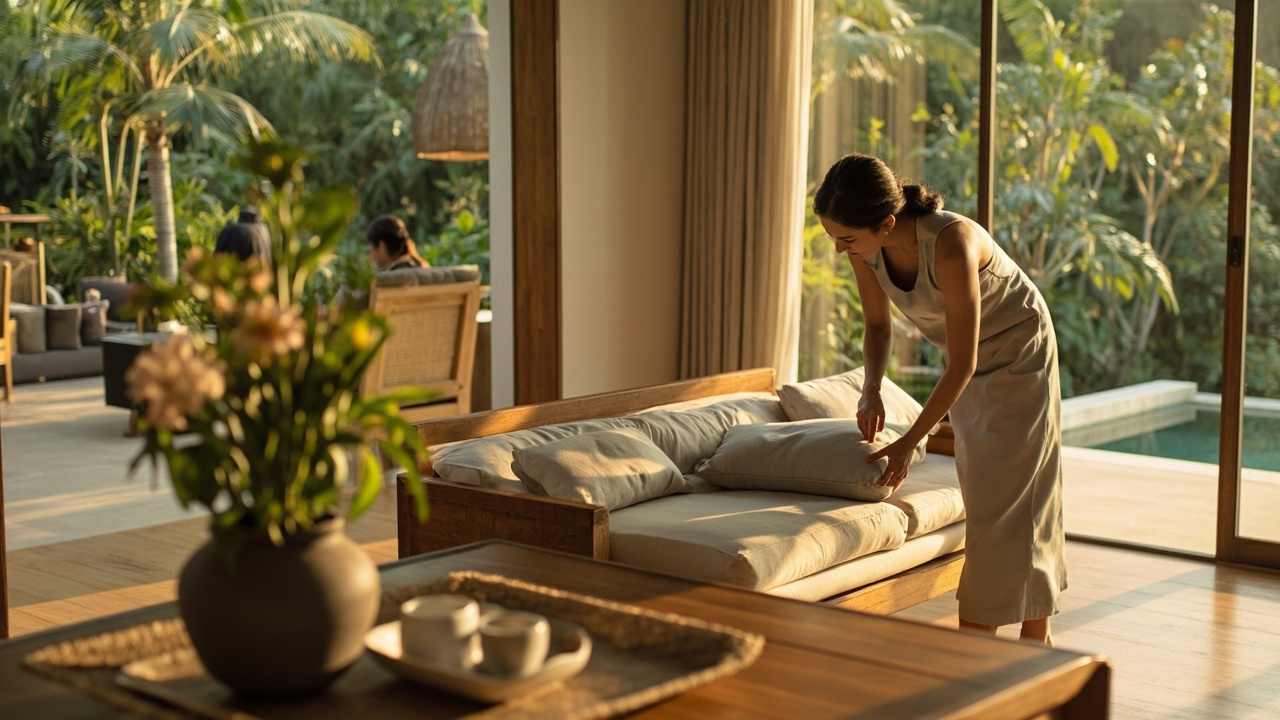 Generated editorial image for Property Styling: a stylist arranging cushions, flowers and table settings before a property photo shoot. This is contextual imagery, not a photograph of a specific listing or ThaiLife property.