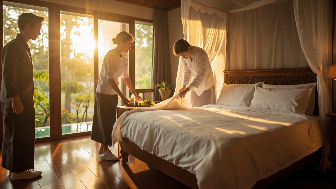 Generated editorial image for Villa Preparation: a housekeeping team making beds, opening curtains and checking a villa before arrival. This is contextual imagery, not a photograph of a specific listing or ThaiLife property.