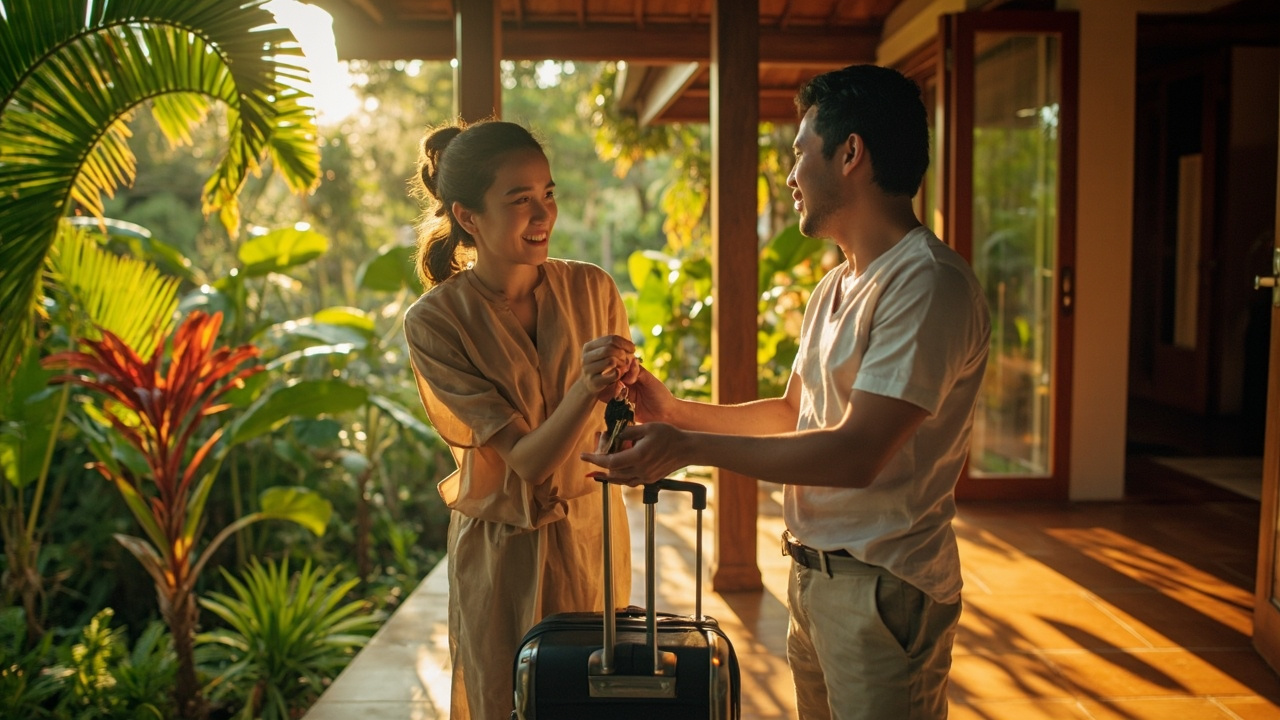 Generated editorial image for Guest Arrivals: a warm key handover at a tropical villa with luggage and friendly local welcome. This is contextual imagery, not a photograph of a specific listing or ThaiLife property.