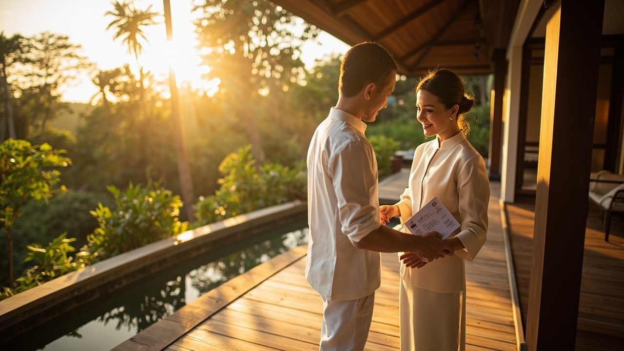 Generated editorial image for Concierge Services: a villa concierge helping guests organise transport, dining and local experiences without brochures or text. This is contextual imagery, not a photograph of a specific listing or ThaiLife property.