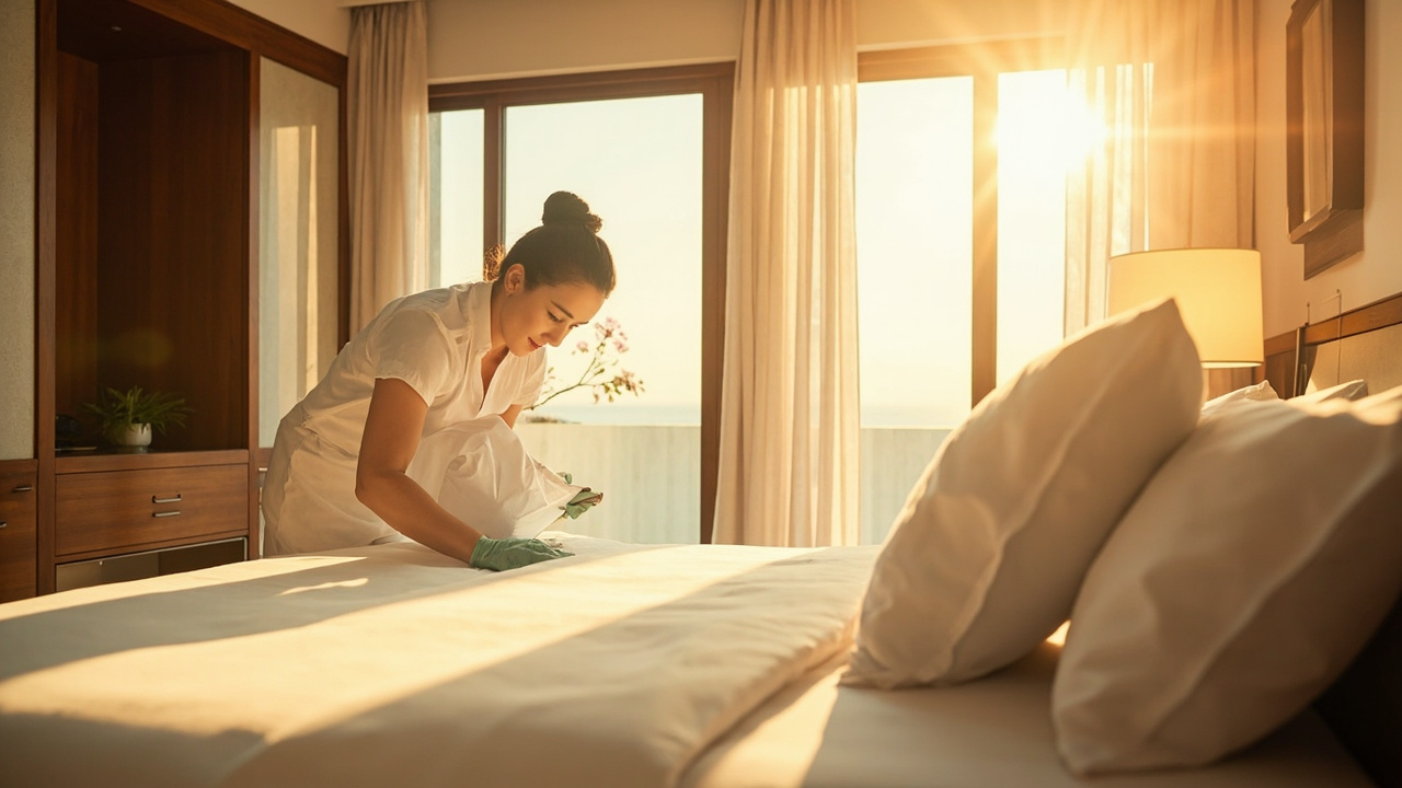 Generated editorial image for Housekeeping Services: a professional housekeeping scene in a bright villa with organised linen and careful attention. This is contextual imagery, not a photograph of a specific listing or ThaiLife property.