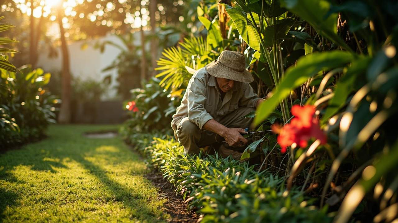 Generated editorial image for Garden Maintenance: a gardener pruning tropical plants and keeping villa grounds neat and healthy. This is contextual imagery, not a photograph of a specific listing or ThaiLife property.