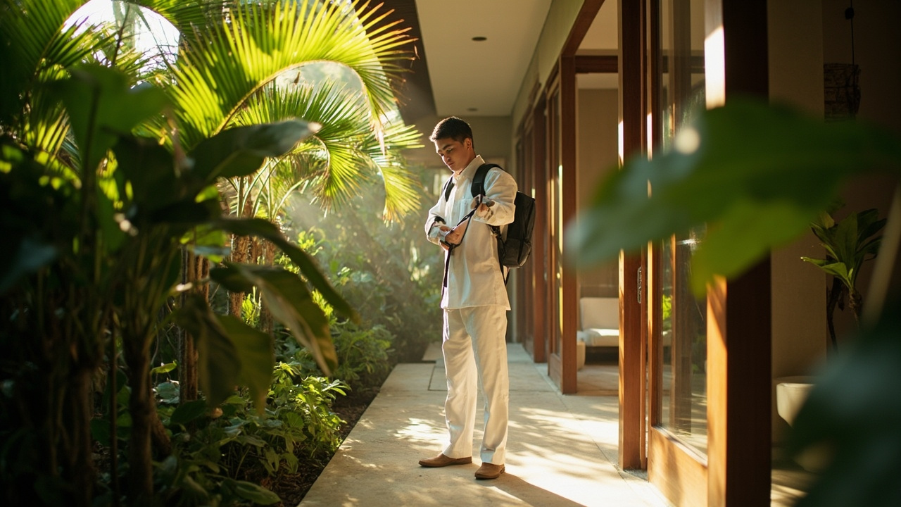 Generated editorial image for Pest Management: a discreet professional inspecting a tropical home and garden for prevention without showing harmful chemicals. This is contextual imagery, not a photograph of a specific listing or ThaiLife property.