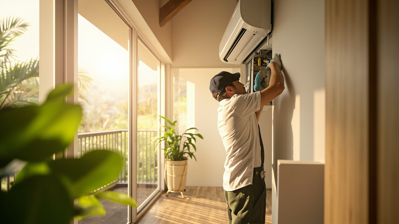 Generated editorial image for Air-Conditioning Service: a technician maintaining a wall-mounted air-conditioning unit in a clean tropical interior. This is contextual imagery, not a photograph of a specific listing or ThaiLife property.