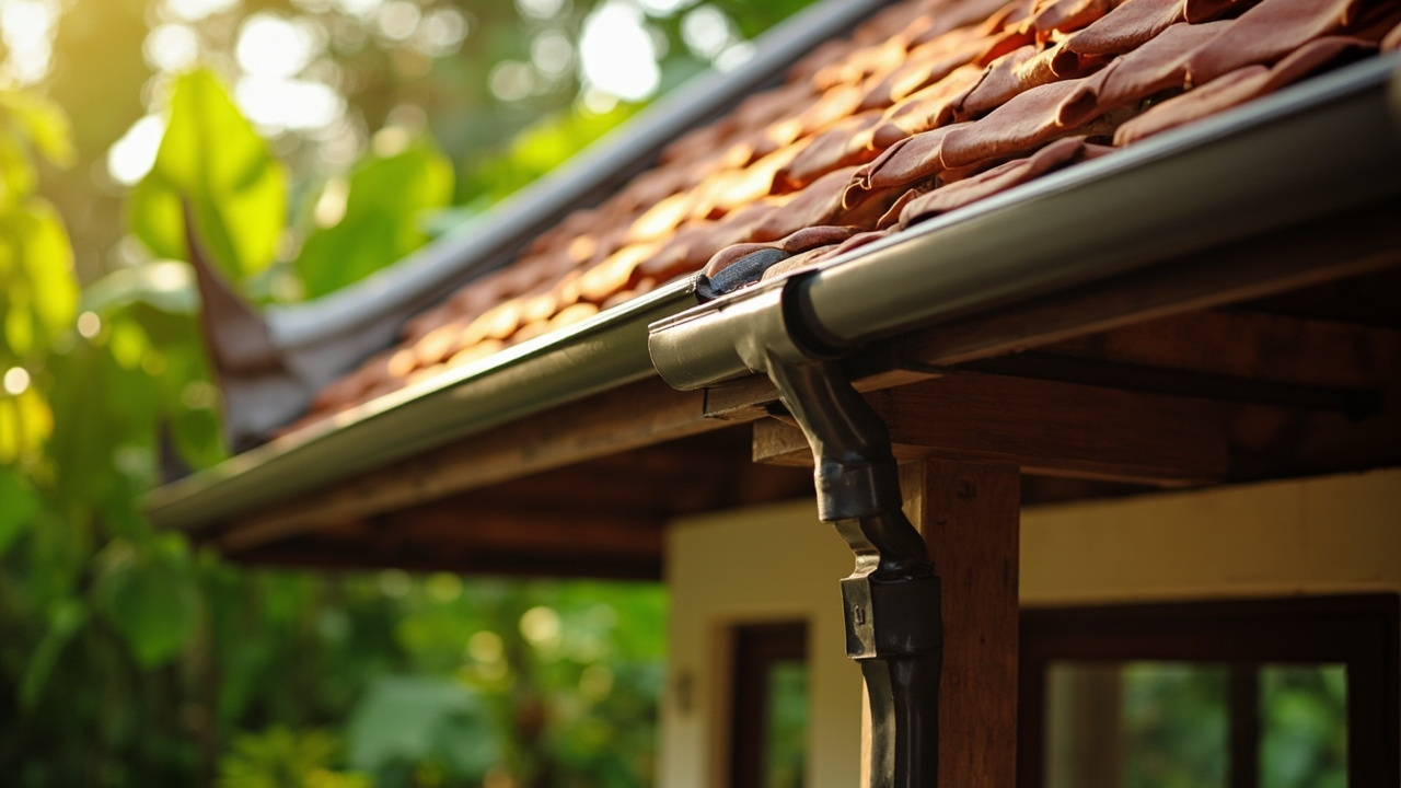 Generated editorial image for Roof And Gutter Care: safe seasonal maintenance of gutters, roof edges and rainwater flow on a tropical villa. This is contextual imagery, not a photograph of a specific listing or ThaiLife property.