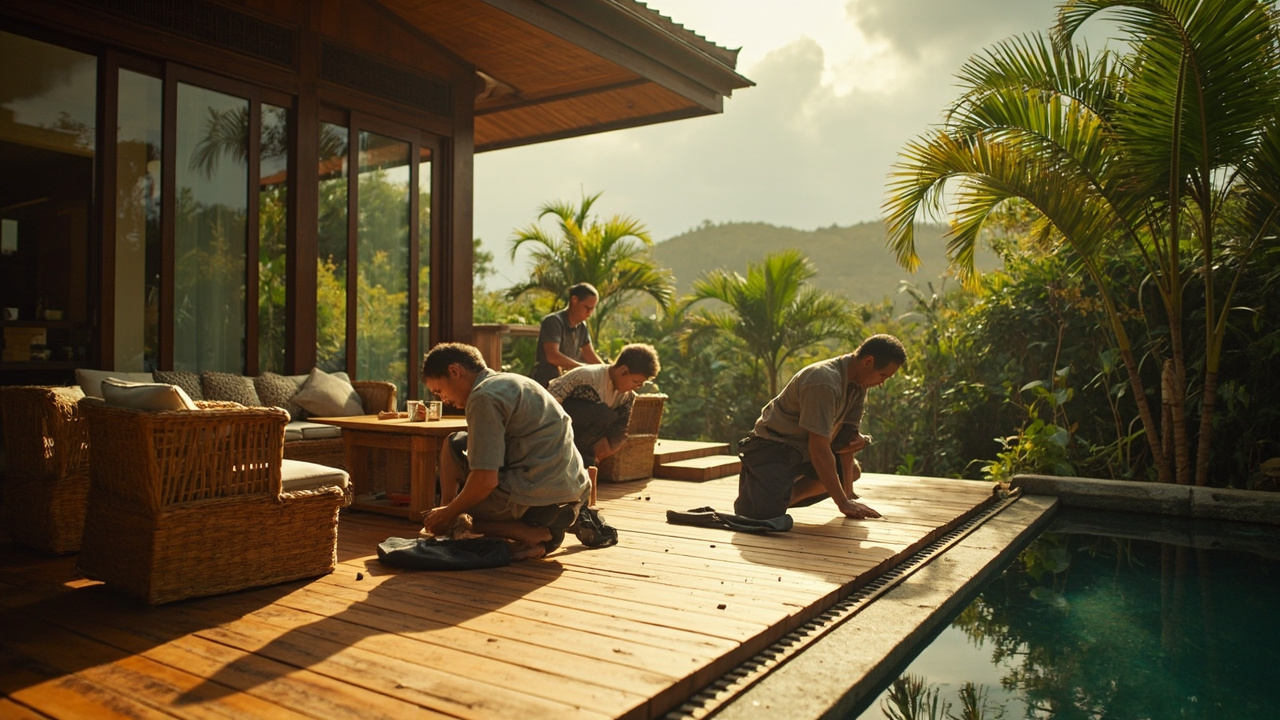 Generated editorial image for Monsoon Preparation: homeowners and a manager securing outdoor furniture, checking drains and preparing a villa for heavy rain. This is contextual imagery, not a photograph of a specific listing or ThaiLife property.