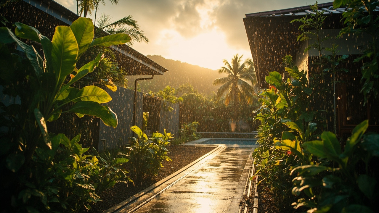 Generated editorial image for Storm Aftercare: a calm post-storm property inspection of garden, roof and drainage under clearing skies. This is contextual imagery, not a photograph of a specific listing or ThaiLife property.