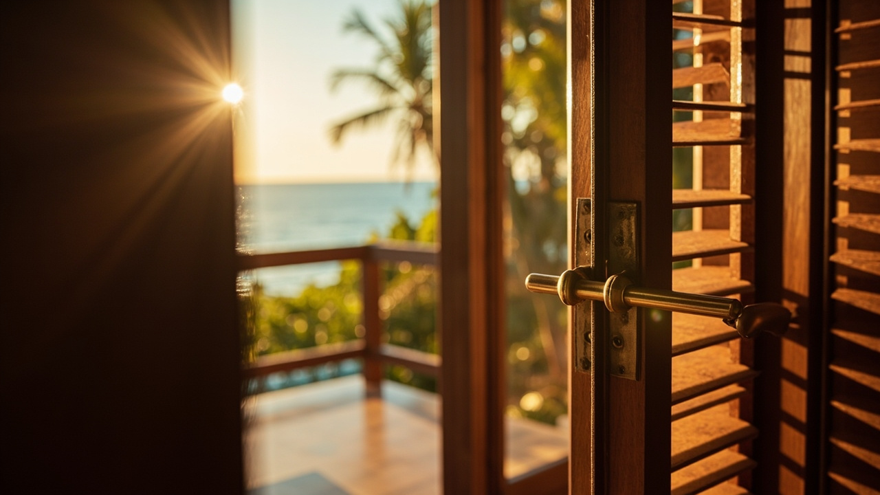 Generated editorial image for Salt And Humidity Care: a coastal-home maintenance scene focused on metal fittings, timber care and ventilation. This is contextual imagery, not a photograph of a specific listing or ThaiLife property.
