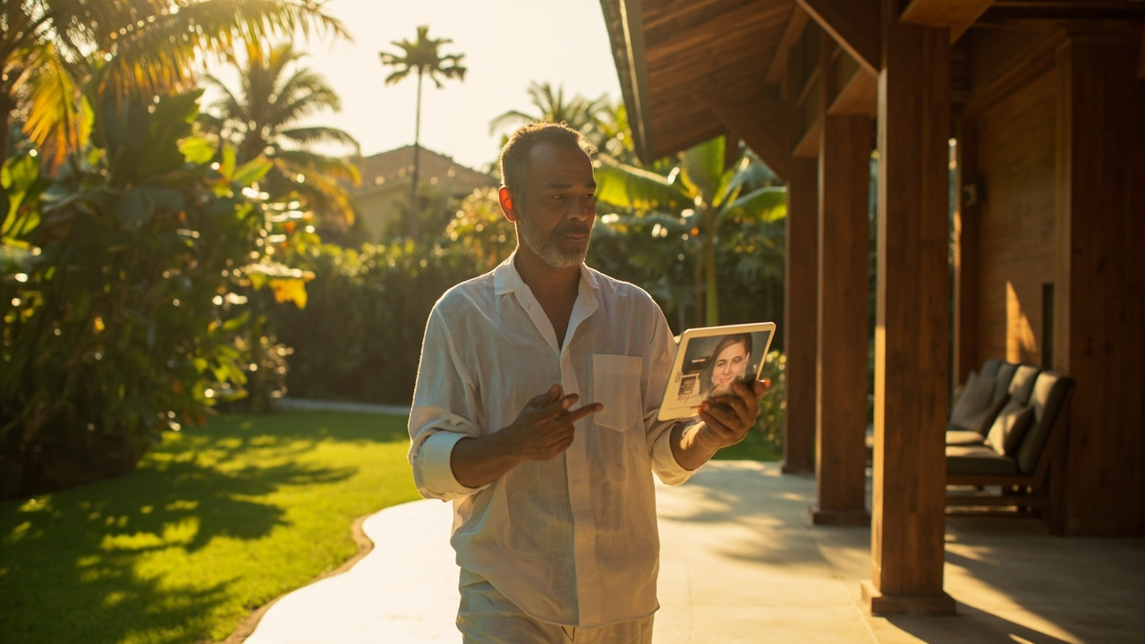 Generated editorial image for Remote-Owner Management: an overseas owner on a video call while a local manager walks through the Khao Lak property. This is contextual imagery, not a photograph of a specific listing or ThaiLife property.