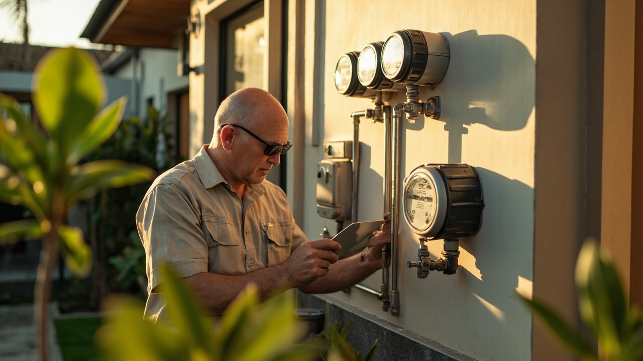 Generated editorial image for Utility Management: a manager reading meters and checking water, electricity and household systems at a villa. This is contextual imagery, not a photograph of a specific listing or ThaiLife property.