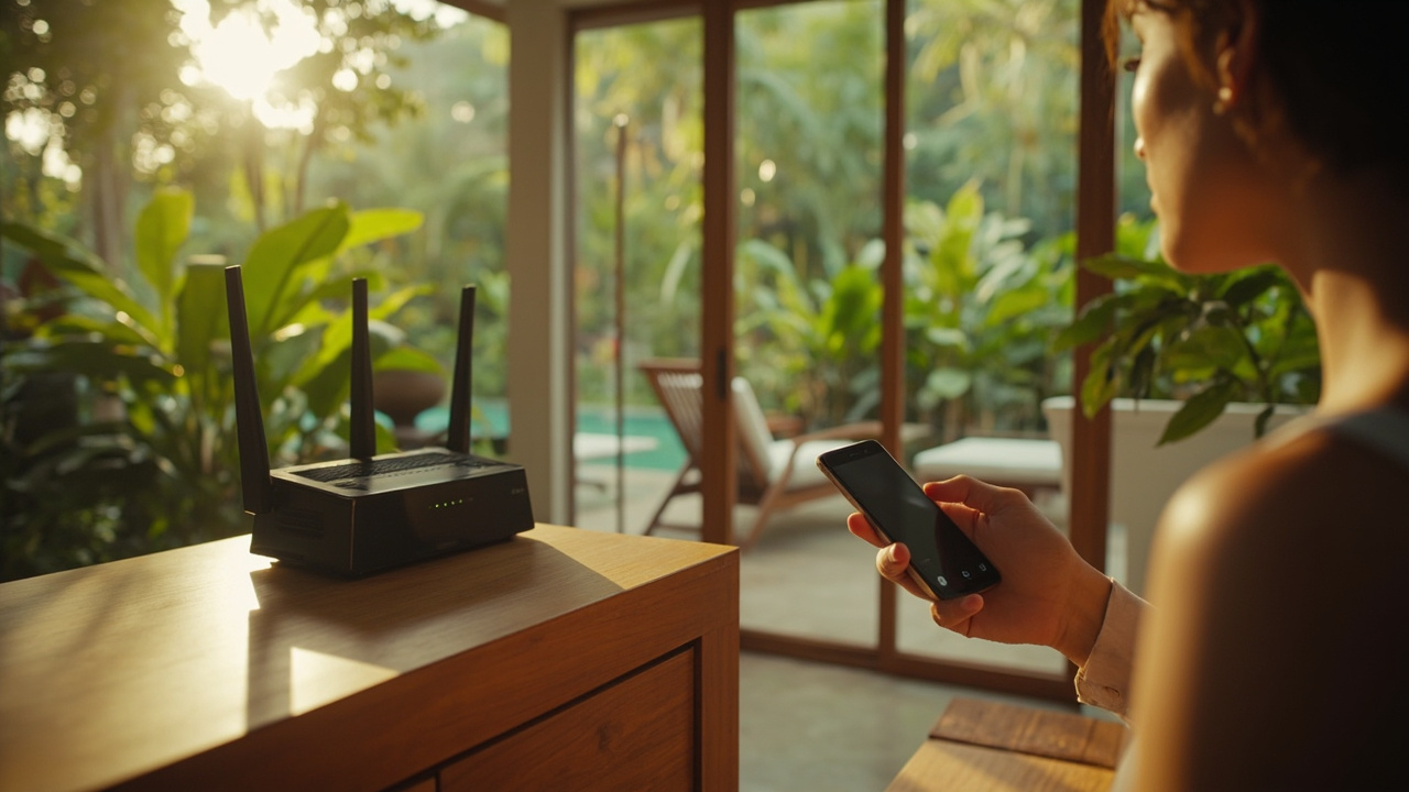 Generated editorial image for Internet And Smart Home: a modern tropical home with reliable connectivity, discreet router setup and remote-control convenience. This is contextual imagery, not a photograph of a specific listing or ThaiLife property.