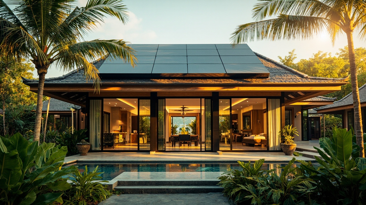 Generated editorial image for Solar Energy: a Khao Lak villa with well-integrated solar panels and an energy-conscious household. This is contextual imagery, not a photograph of a specific listing or ThaiLife property.