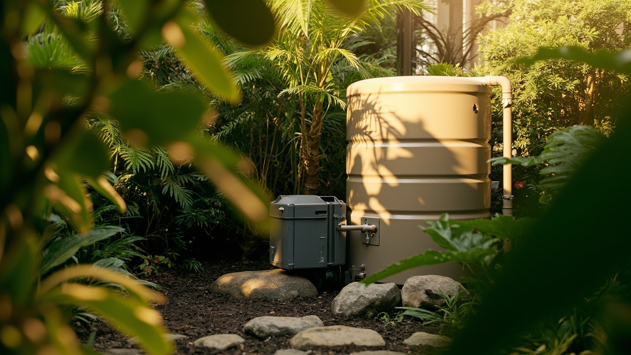 Generated editorial image for Water Storage: a clean residential water-tank and pump system discreetly integrated into tropical landscaping. This is contextual imagery, not a photograph of a specific listing or ThaiLife property.