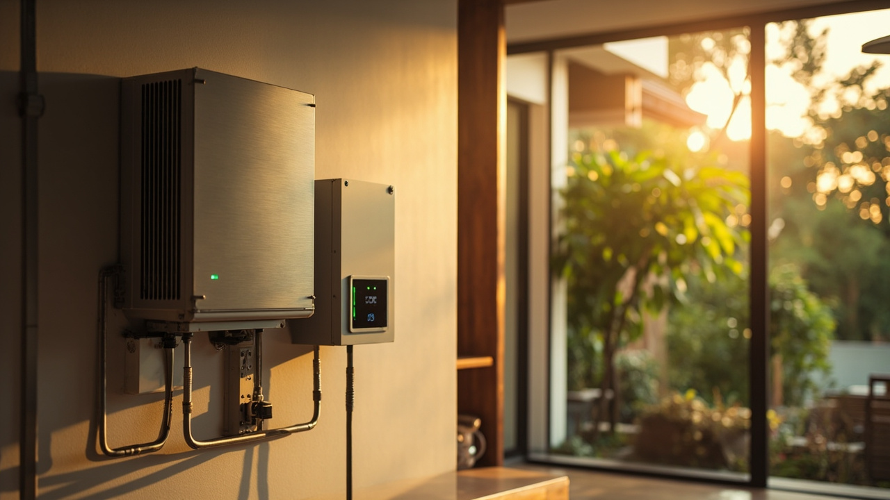 Generated editorial image for Backup Power: a neatly installed home backup-power system supporting essential services during an outage. This is contextual imagery, not a photograph of a specific listing or ThaiLife property.