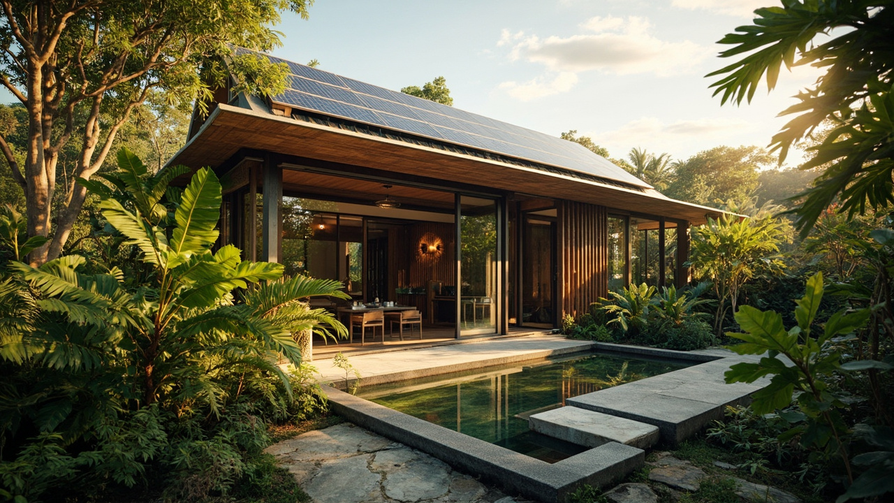 Generated editorial image for Sustainable Property Living: a home combining solar power, natural ventilation, water awareness and lush native-style planting. This is contextual imagery, not a photograph of a specific listing or ThaiLife property.