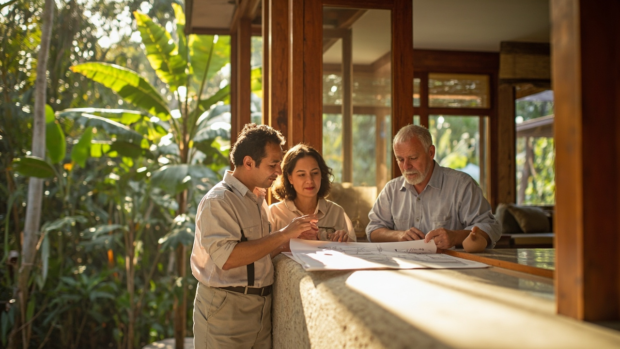 Generated editorial image for Home Improvement: owners discussing practical upgrades with a local contractor inside a tropical villa. This is contextual imagery, not a photograph of a specific listing or ThaiLife property.