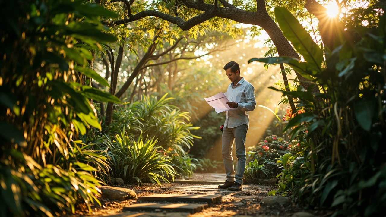 Generated editorial image for Landscape Design: a designer planning shade trees, privacy planting and low-maintenance tropical gardens. This is contextual imagery, not a photograph of a specific listing or ThaiLife property.
