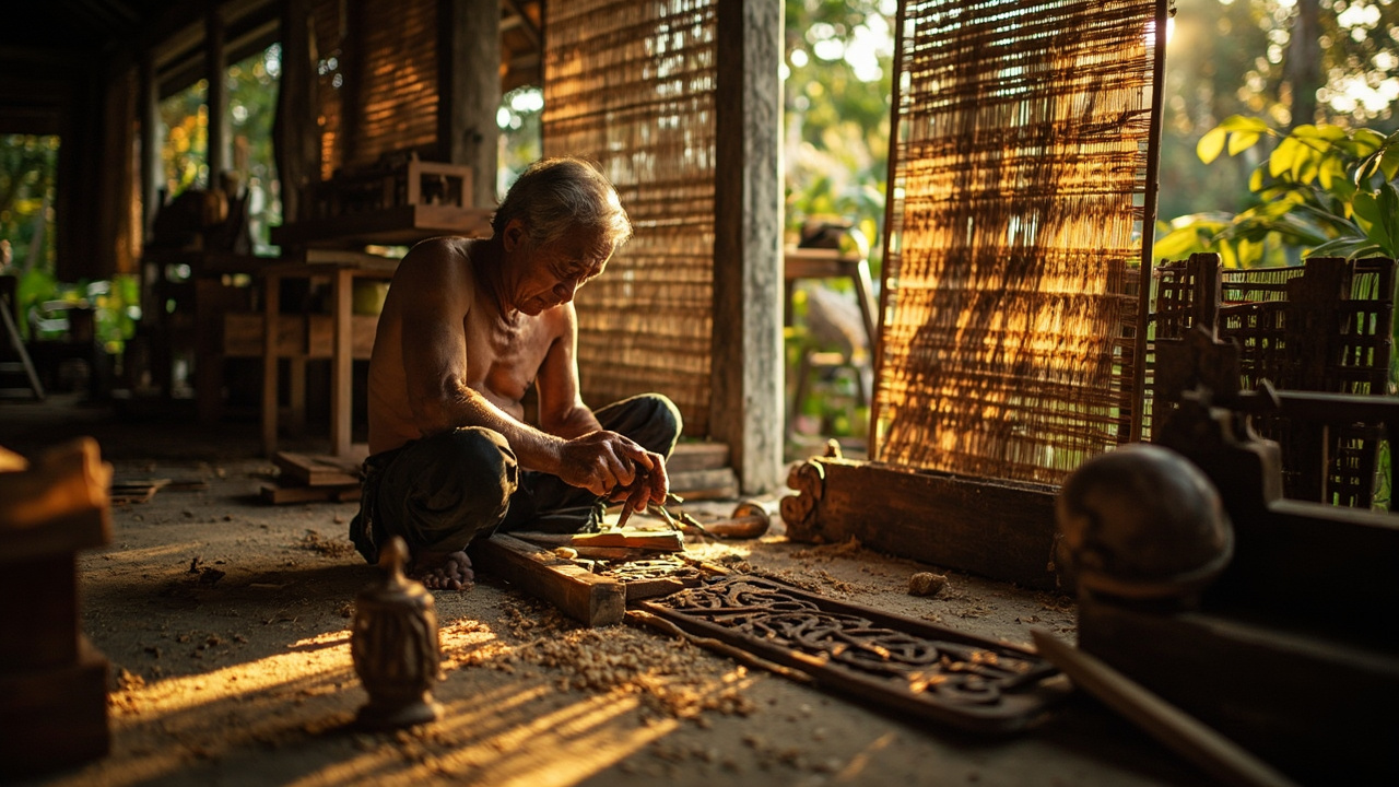 Generated editorial image for Thai Craftsmanship: skilled local craftspeople producing timber, woven or decorative elements for a Khao Lak home. This is contextual imagery, not a photograph of a specific listing or ThaiLife property.