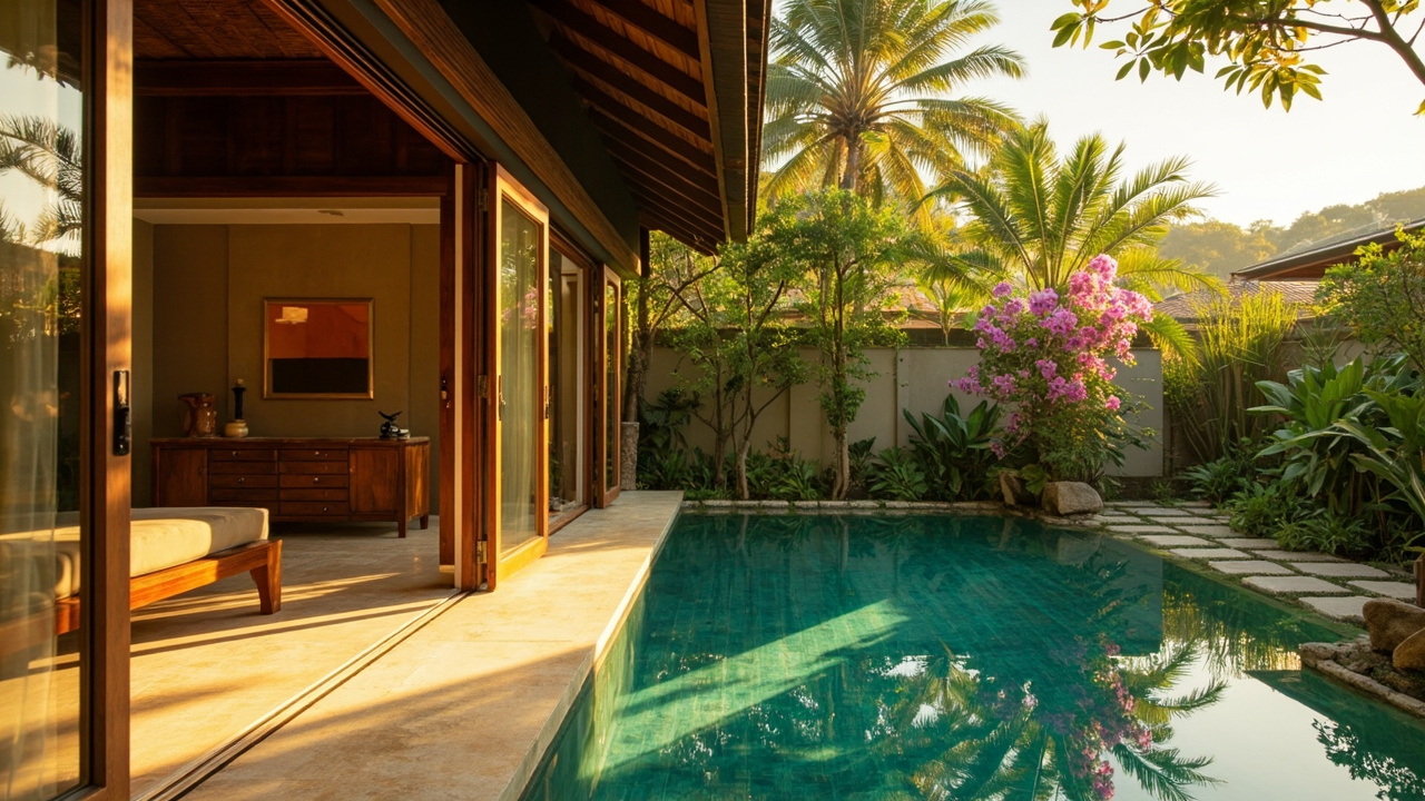 Generated editorial image for Property Image Context: an editorial scene linking a villa photograph with visual details of rooms, pool, garden and location without labels. This is contextual imagery, not a photograph of a specific listing or ThaiLife property.