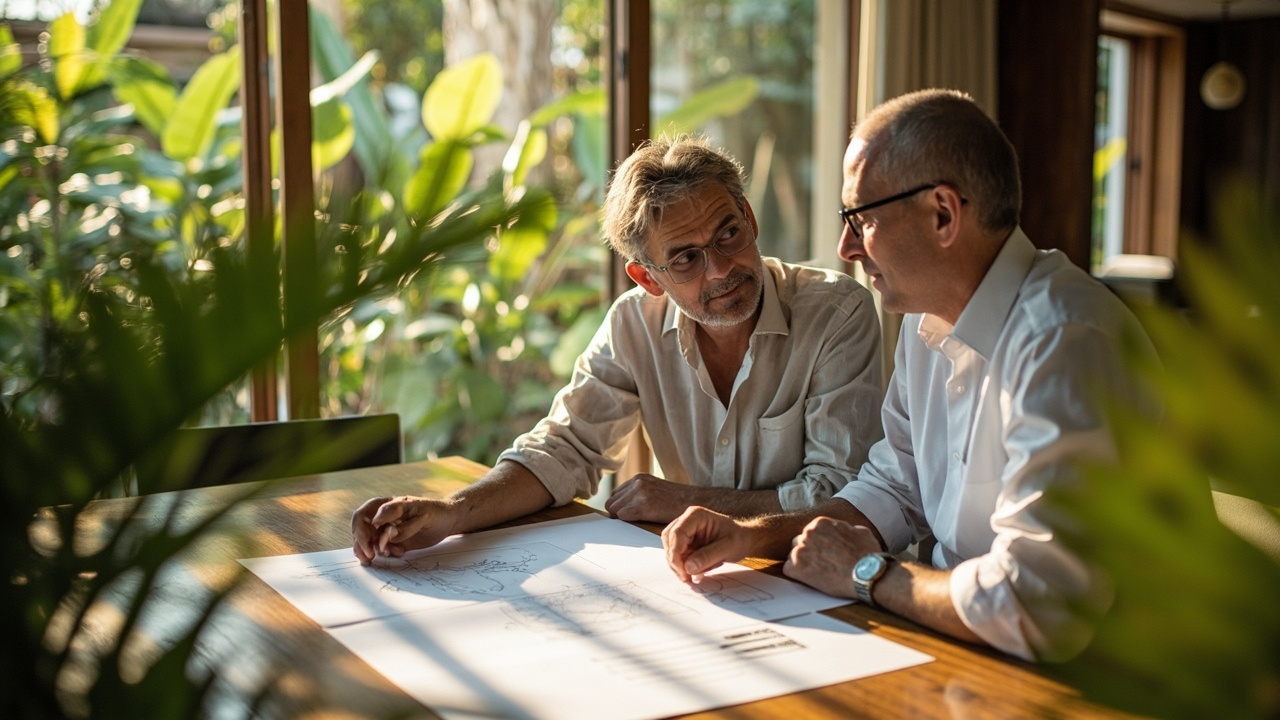 Generated editorial image for Property Questions Answered: a helpful consultation where a buyer receives clear answers about a Khao Lak home. This is contextual imagery, not a photograph of a specific listing or ThaiLife property.