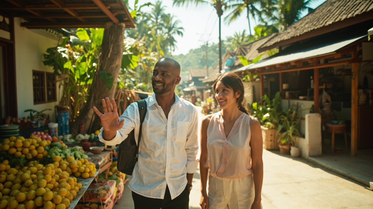 Generated editorial image for Local Area Guides: a property adviser showing buyers beaches, markets, town areas and neighbourhoods during a local orientation. This is contextual imagery, not a photograph of a specific listing or ThaiLife property.