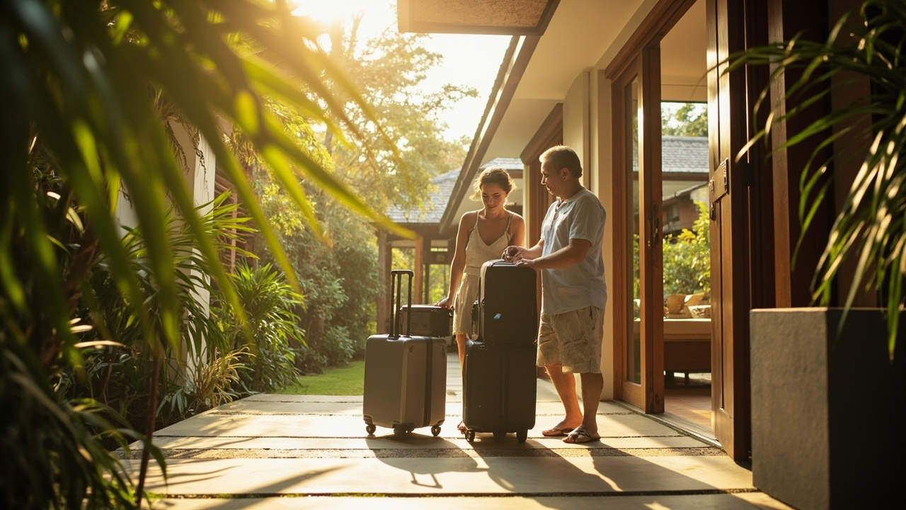 Generated editorial image for Relocation Support: a couple arriving with luggage and receiving practical help settling into a Khao Lak home. This is contextual imagery, not a photograph of a specific listing or ThaiLife property.
