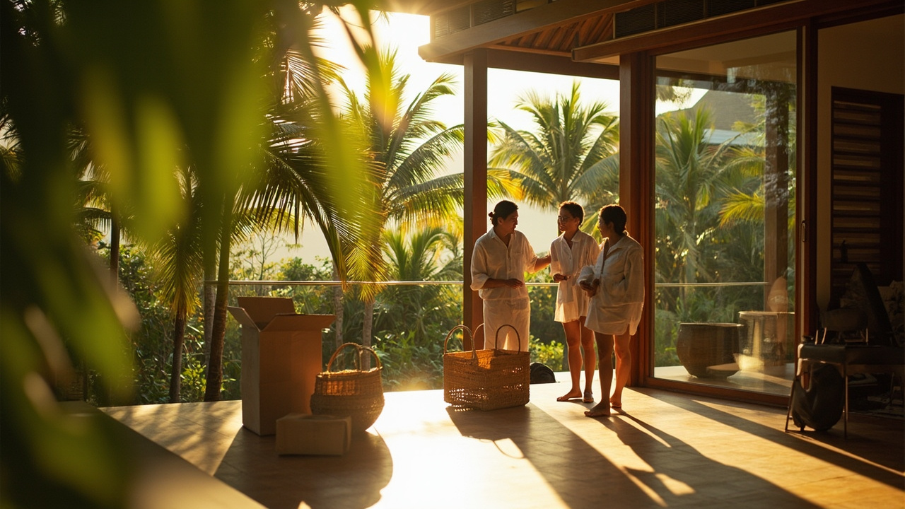 Generated editorial image for Settling Into Khao Lak: new residents unpacking, meeting neighbours and beginning relaxed daily life. This is contextual imagery, not a photograph of a specific listing or ThaiLife property.