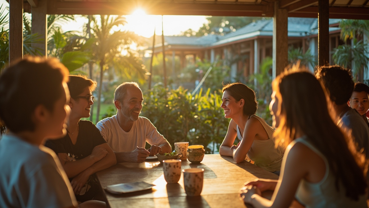 Generated editorial image for Local Community Connection: homeowners joining a friendly local café gathering with Thai and international residents. This is contextual imagery, not a photograph of a specific listing or ThaiLife property.